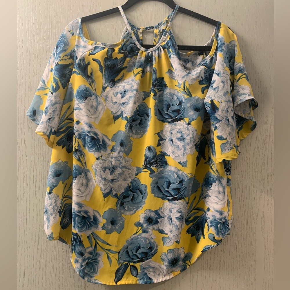 Yellow and Blue Floral Cold Shoulder Top by Japna (Size L)